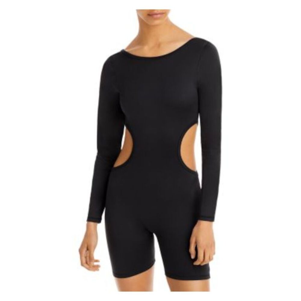 FRANKIES BIKINIS Womens Black Scoop Neck Long Sleeve Active Wear Bodysuit S